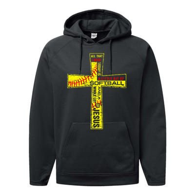 Softball Girl Christian Cross Faith I Need Softball & Jesus Performance Fleece Hoodie