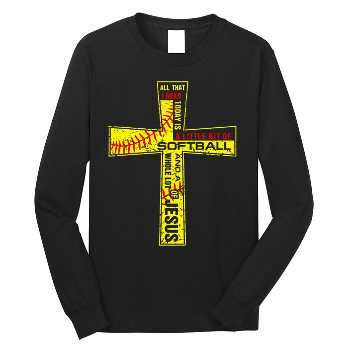 Softball Girl Christian Cross Faith I Need Softball & Jesus Long Sleeve Shirt