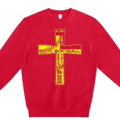 Softball Girl Christian Cross Faith I Need Softball & Jesus Premium Crewneck Sweatshirt