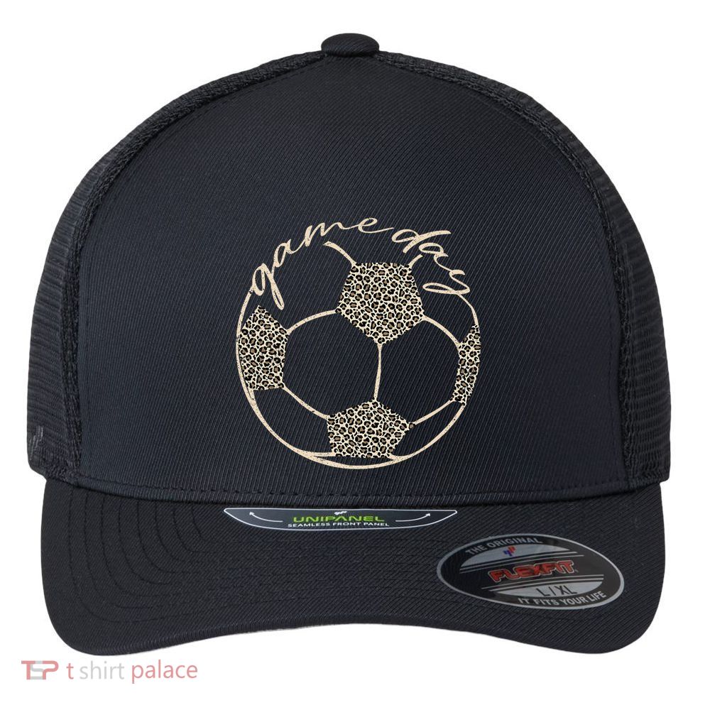 Soccer Game Day Women Leopard Cheetah Print Soccer Fan Flexfit Unipanel Trucker Cap