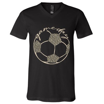 Soccer Game Day Women Leopard Cheetah Print Soccer Fan V-Neck T-Shirt