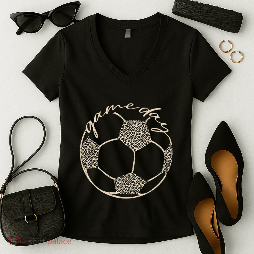 Soccer Game Day Women Leopard Cheetah Print Soccer Fan Women's V-Neck T-Shirt