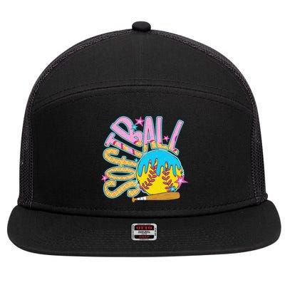 Softball Game Day Drip Ice Cream Drip Softball 7 Panel Mesh Trucker Snapback Hat