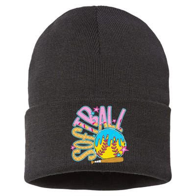 Softball Game Day Drip Ice Cream Drip Softball Sustainable Knit Beanie