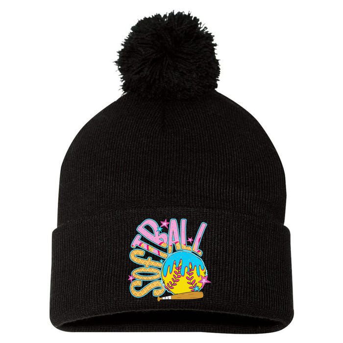 Softball Game Day Drip Ice Cream Drip Softball Pom Pom 12in Knit Beanie