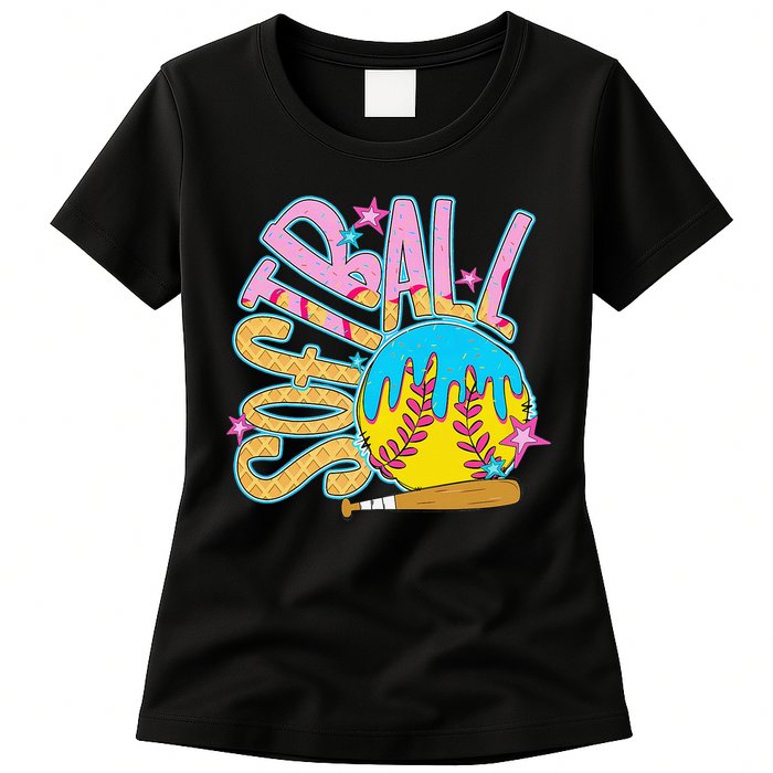 Softball Game Day Drip Ice Cream Drip Softball Womens T-Shirt
