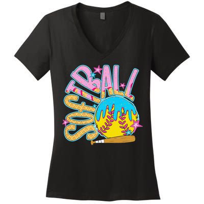 Softball Game Day Drip Ice Cream Drip Softball Women's V-Neck T-Shirt