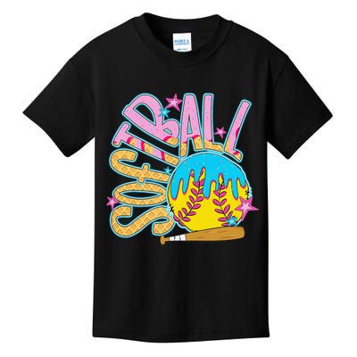 Softball Game Day Drip Ice Cream Drip Softball Kids T-Shirt