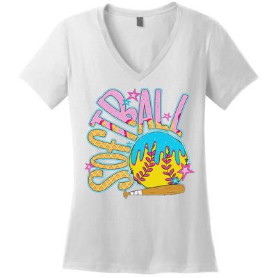 Softball Game Day Drip Ice Cream Drip Softball Women's V-Neck T-Shirt