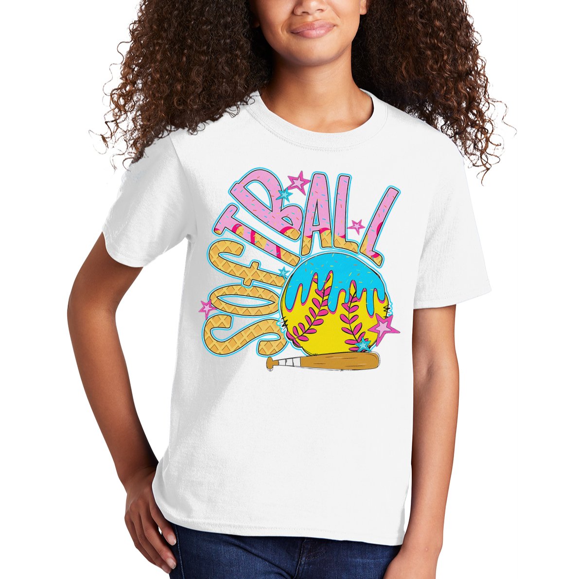 Softball Game Day Drip Ice Cream Drip Softball Kids T-Shirt