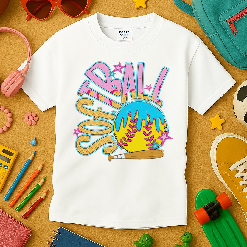 Softball Game Day Drip Ice Cream Drip Softball Kids T-Shirt
