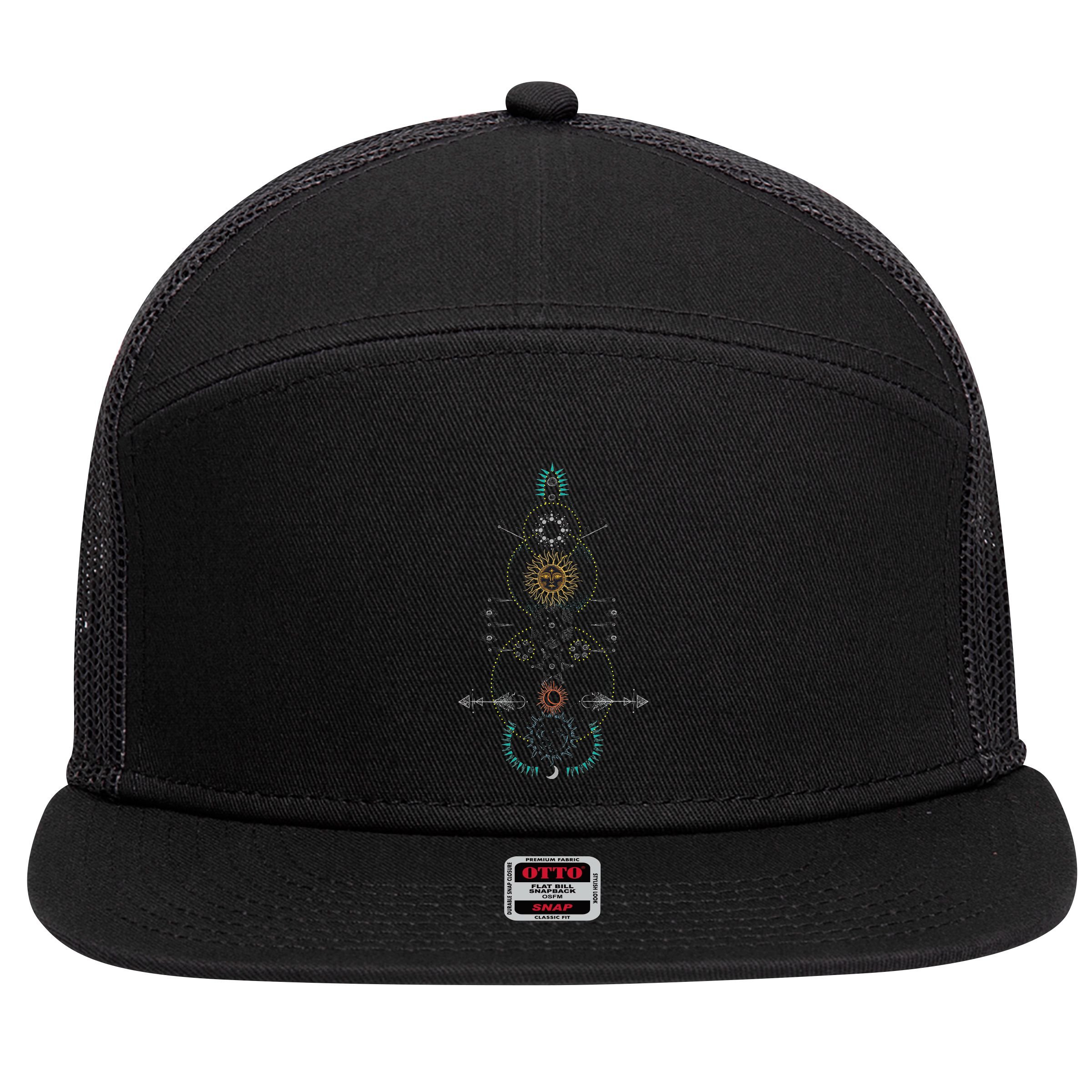 Sacred Geometry Earth Sun And Moon 7 Panel Mesh Trucker Snapback Hat