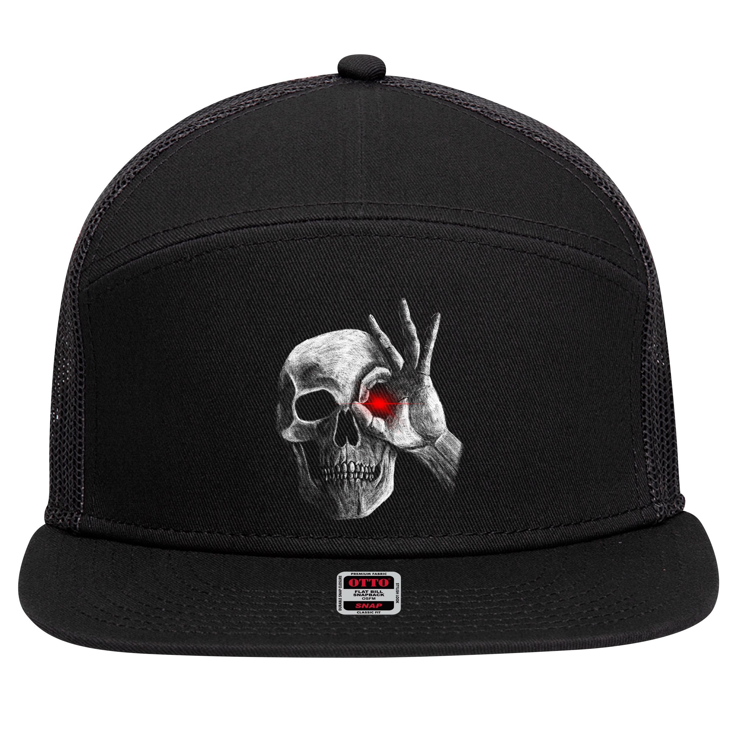 Skeleton Glowing Eye 7 Panel Mesh Trucker Snapback Hat