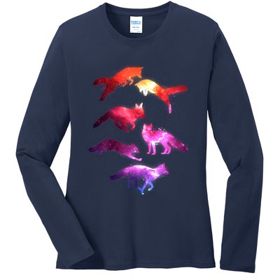 Space Galaxy Foxes Ladies Long Sleeve Shirt