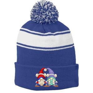 Skiing Gnomes For Grandma And Grandpa Funny Ski Mom And Dad Gift Stripe Pom Pom Beanie