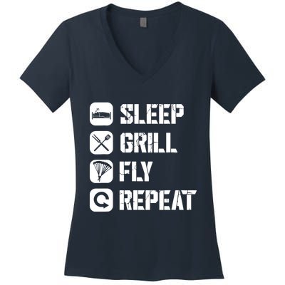 Sleep Grill Fly Repeat Women's V-Neck T-Shirt