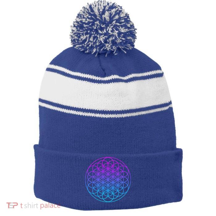Sacred Geometry Flower Of Life Stripe Pom Pom Beanie