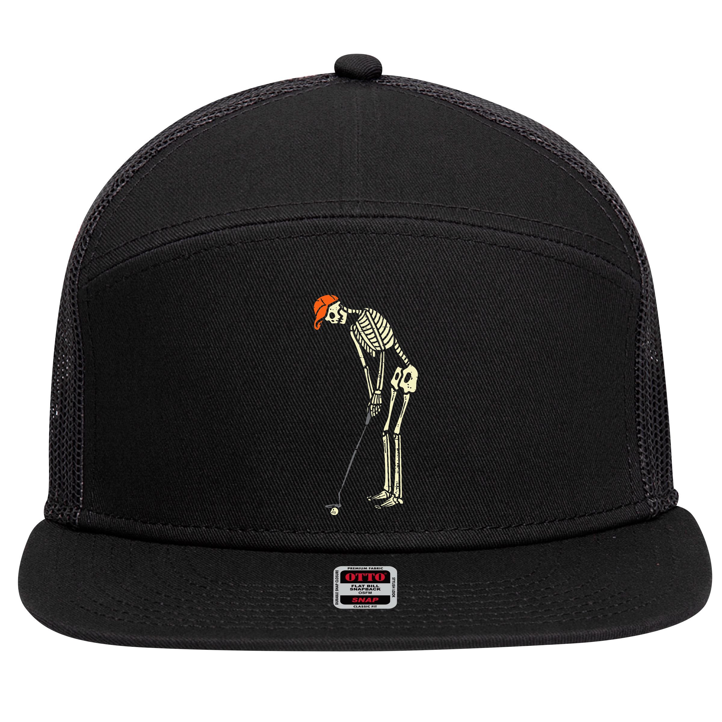 Skeleton Golf Funny Halloween Golfing Sports Golfer 7 Panel Mesh Trucker Snapback Hat