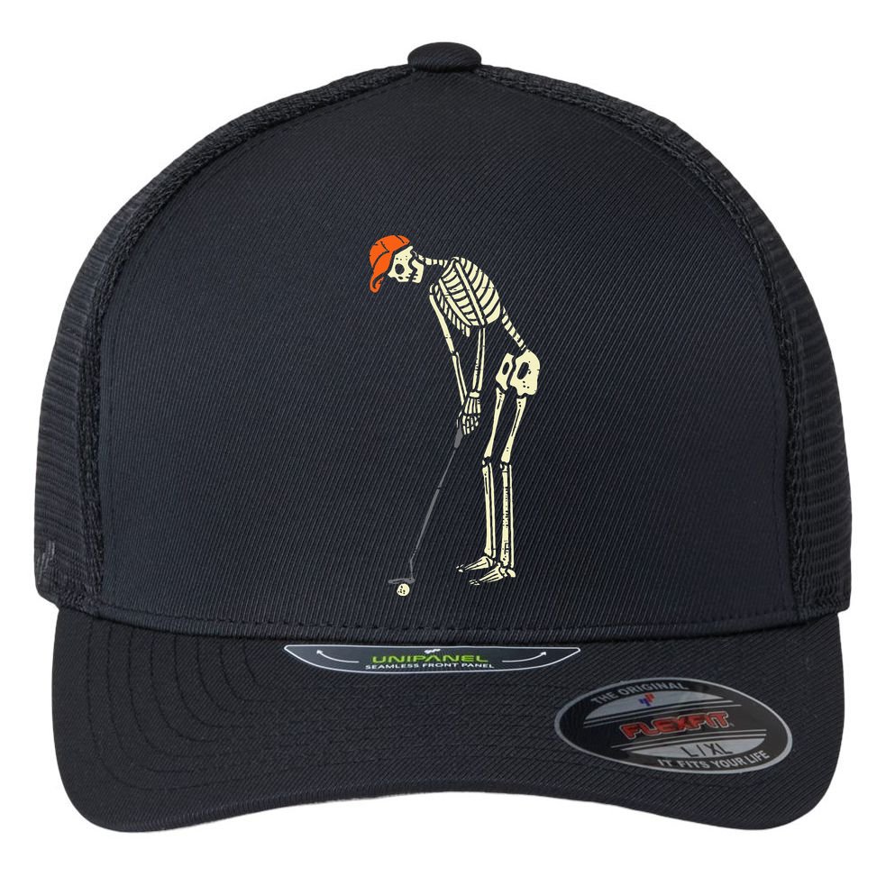 Skeleton Golf Funny Halloween Golfing Sports Golfer Flexfit Unipanel Trucker Cap