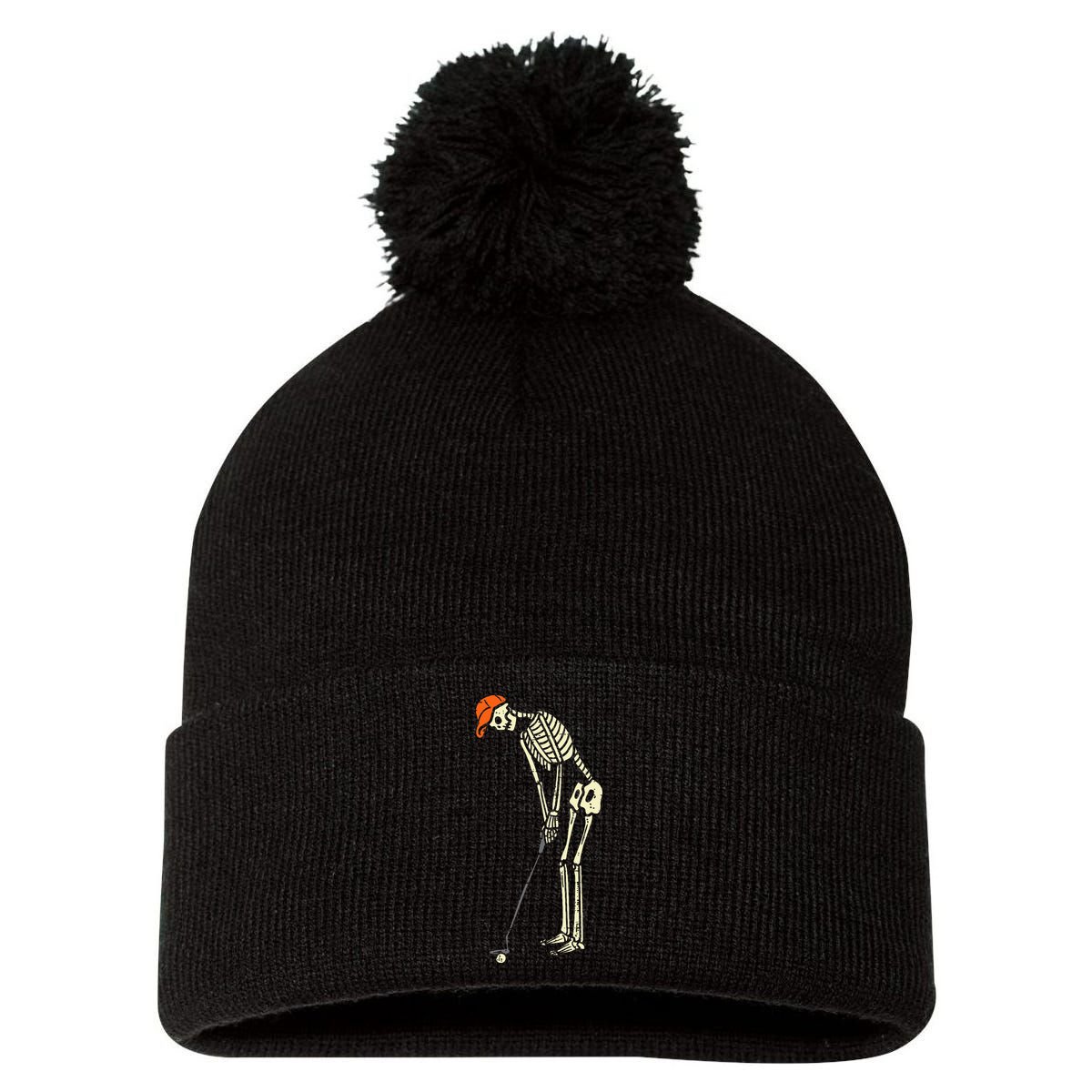 Skeleton Golf Funny Halloween Golfing Sports Golfer Pom Pom 12in Knit Beanie