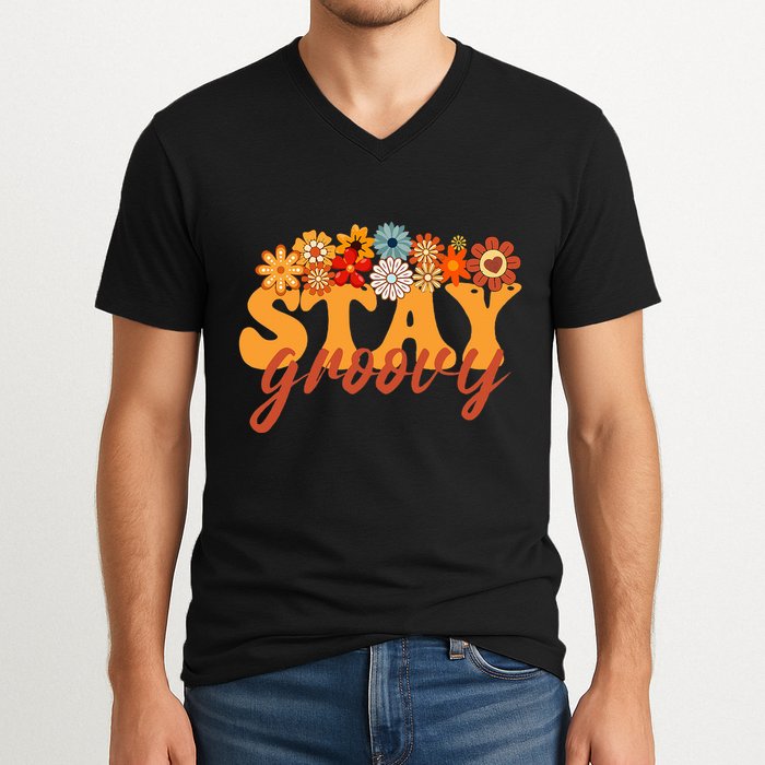 Stay Groovy Flower Power Retro Hippie Vibes V-Neck T-Shirt