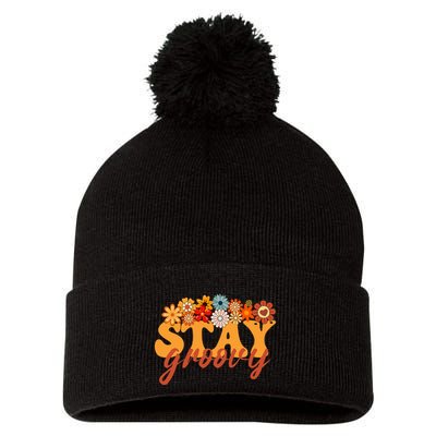 Stay Groovy Flower Power Retro Hippie Vibes Pom Pom 12in Knit Beanie