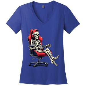 Skeleton Gamer Funny Gaming Chair Headset Halloween Funny Gift Women's V-Neck T-Shirt