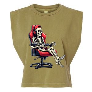 Skeleton Gamer Funny Gaming Chair Headset Halloween Funny Gift Garment-Dyed Women's Muscle Tee