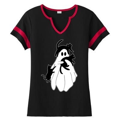 Spooky Ghost Funny Cat Lover Ladies Halftime Notch Neck Tee