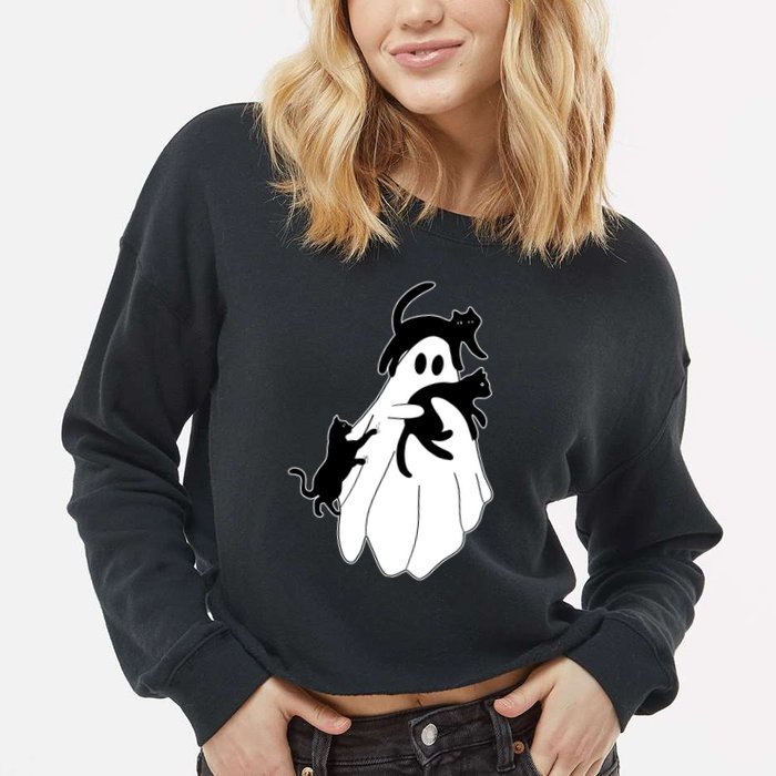Spooky Ghost Funny Cat Lover Cropped Pullover Crew