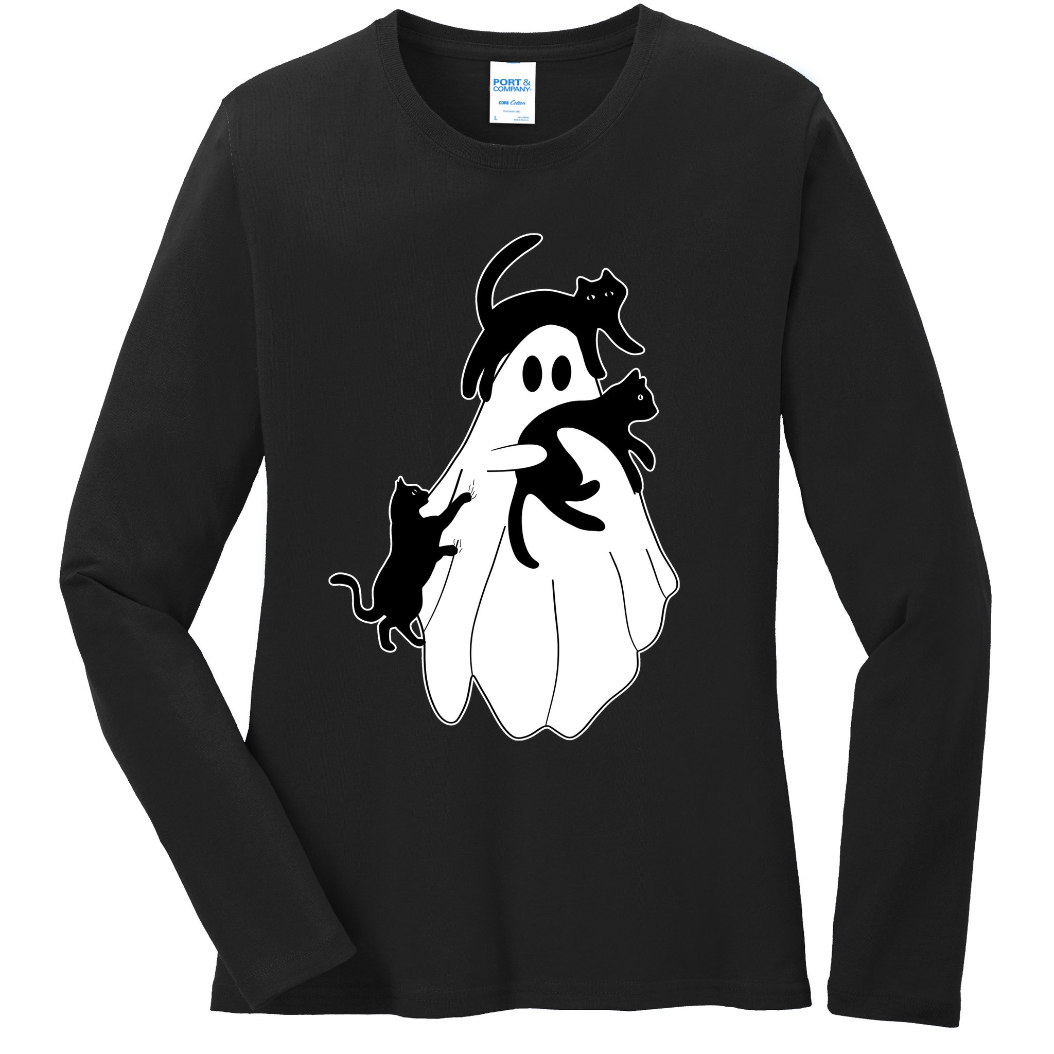 Spooky Ghost Funny Cat Lover Ladies Long Sleeve Shirt