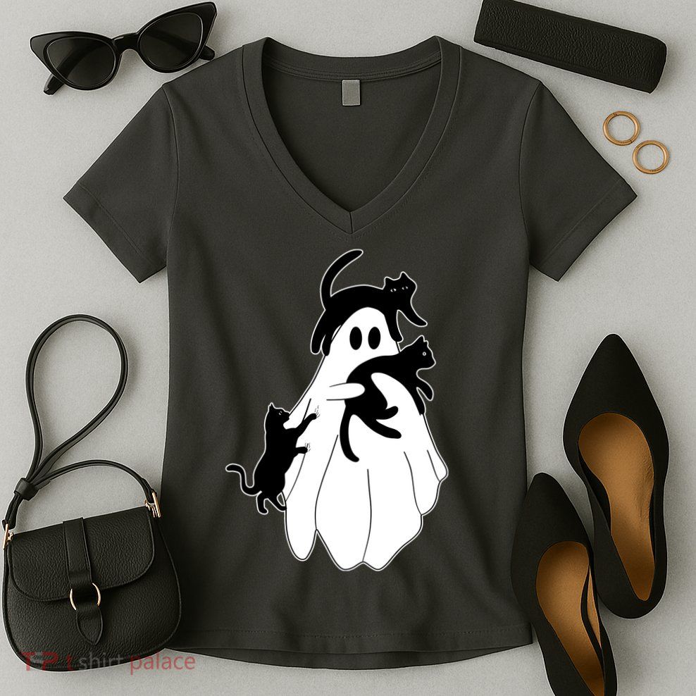 Spooky Ghost Funny Cat Lover Women's V-Neck T-Shirt