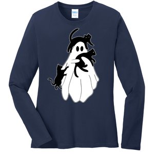 Spooky Ghost Funny Cat Lover Ladies Long Sleeve Shirt