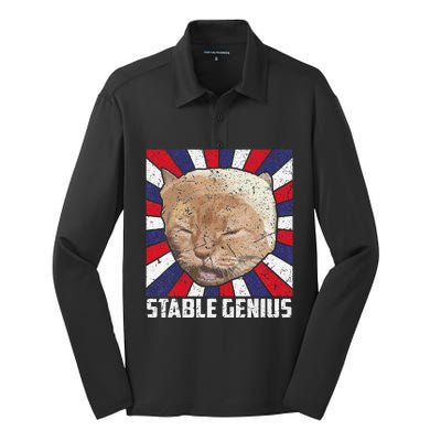 Stable Genius Funny Cat Meme President Silk Touch Performance Long Sleeve Polo