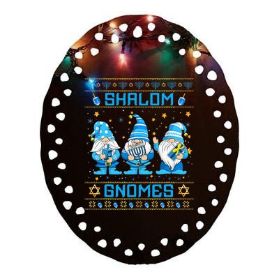 Shalom Gnomes Funny Ugly Hanukkah Sweater Chanukah Ceramic Oval Ornament