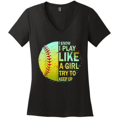 Softball Gift For Girls Women's V-Neck T-Shirt