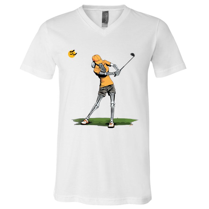 Skeleton Golf Funny Halloween Golfing Sports Golfer Women V-Neck T-Shirt