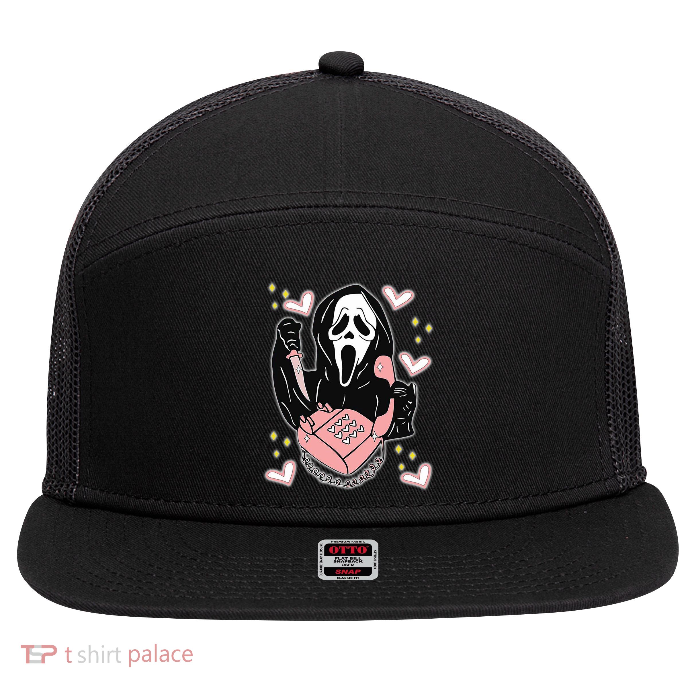 Scary Ghost Face Phone Ghostface Calling 7 Panel Mesh Trucker Snapback Hat