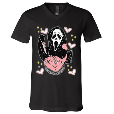 Scary Ghost Face Phone Ghostface Calling V-Neck T-Shirt