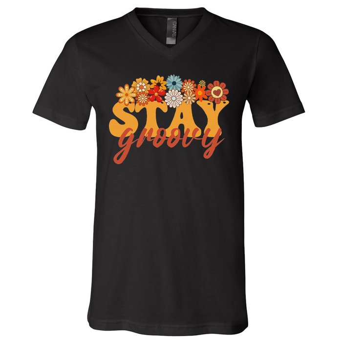 Stay Groovy Flower Power Retro Hippie Vibes V-Neck T-Shirt