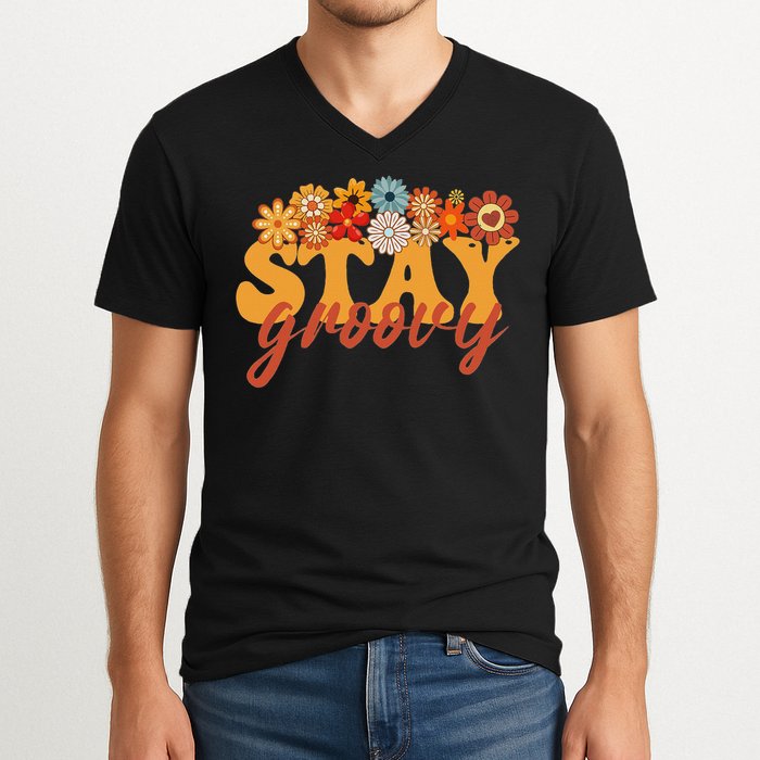 Stay Groovy Flower Power Retro Hippie Vibes V-Neck T-Shirt