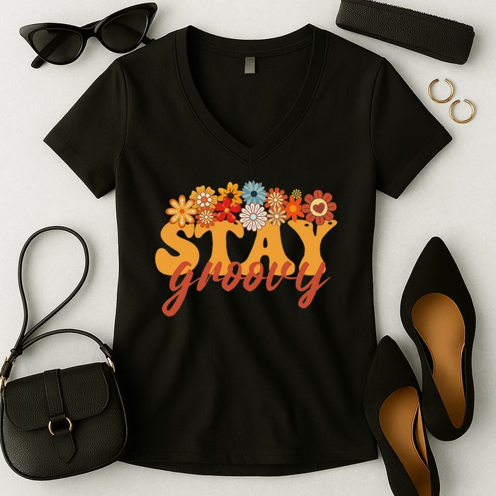 Stay Groovy Flower Power Retro Hippie Vibes Women's V-Neck T-Shirt
