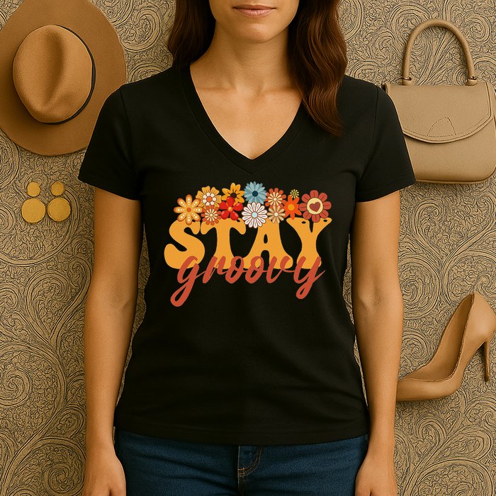 Stay Groovy Flower Power Retro Hippie Vibes Women's V-Neck T-Shirt