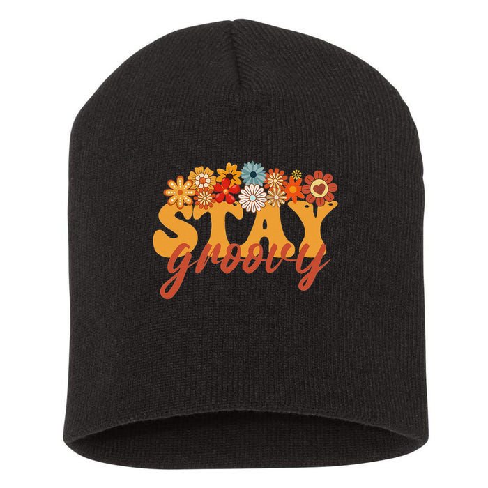 Stay Groovy Flower Power Retro Hippie Vibes Short Acrylic Beanie