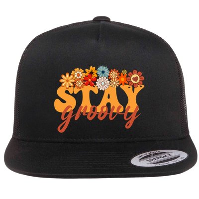 Stay Groovy Flower Power Retro Hippie Vibes Flat Bill Trucker Hat