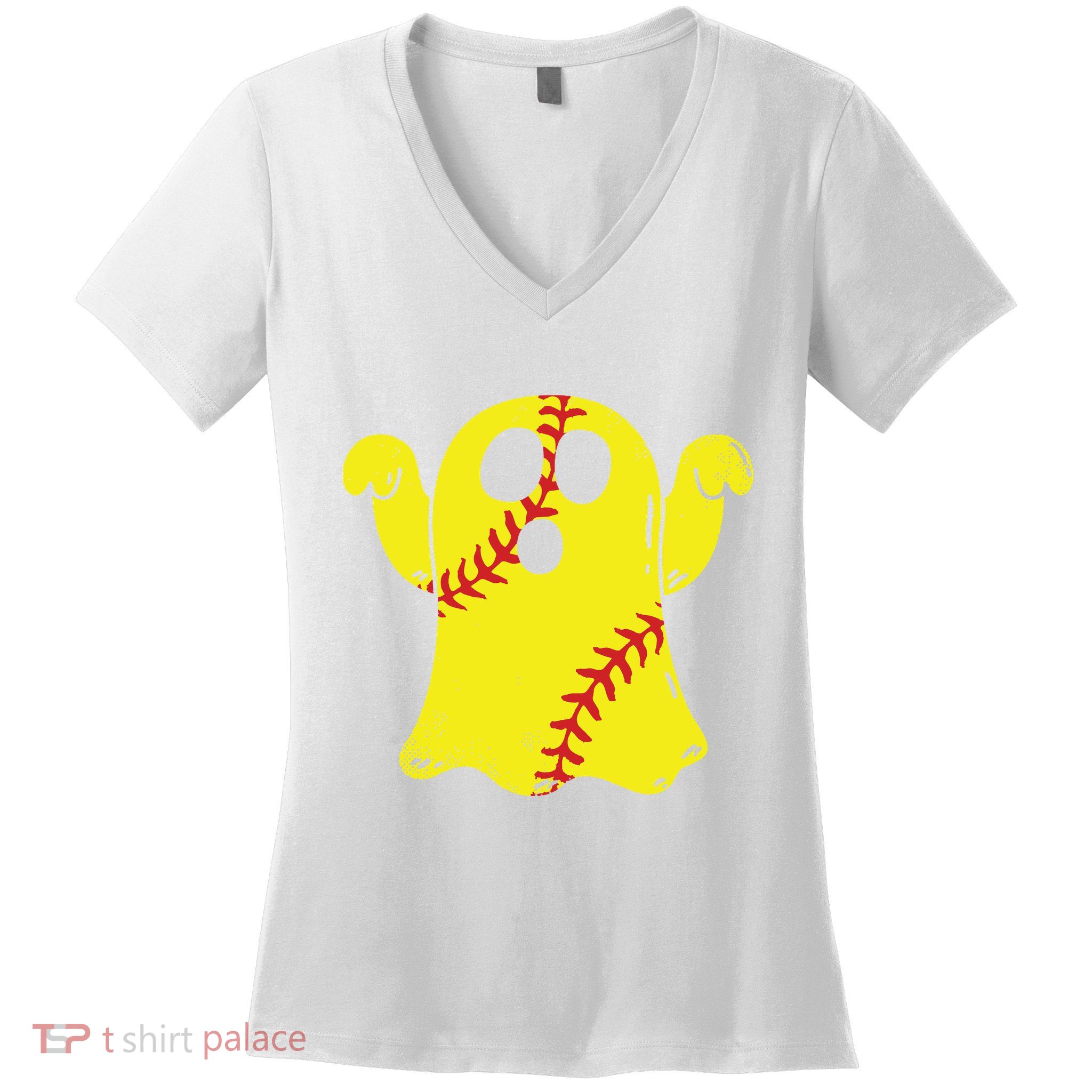 Softball Ghost Funny Halloween Costume Softball Lover Women's V-Neck T-Shirt