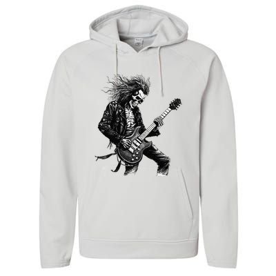 Skeleton Guitar Guy Rock And Roll Band Rock On Performance Fleece Hoodie