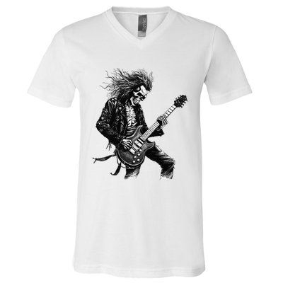 Skeleton Guitar Guy Rock And Roll Band Rock On V-Neck T-Shirt