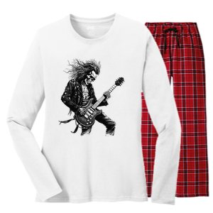 Skeleton Guitar Guy Rock And Roll Band Rock On Women's Long Sleeve Flannel Pajama Set 