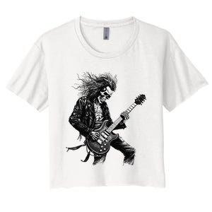 Skeleton Guitar Guy Rock And Roll Band Rock On Women's Crop Top Tee